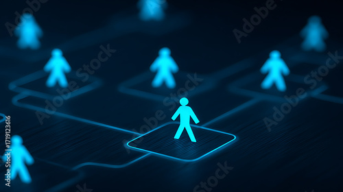 Digital network representation with interconnected human figures in a futuristic interface