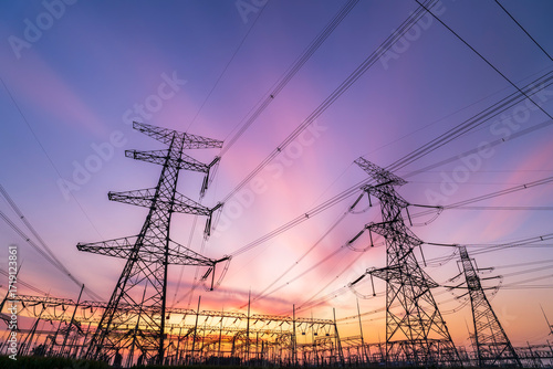 The pylons are in the evening, Substation in the evening, High voltage substation and beautiful sunset glow