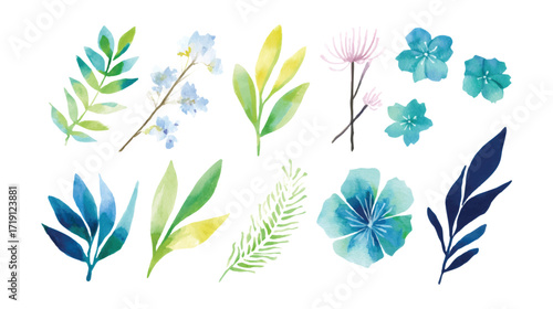 A collection of watercolor leaves in various shapes and shades of green and purple isolated on white background