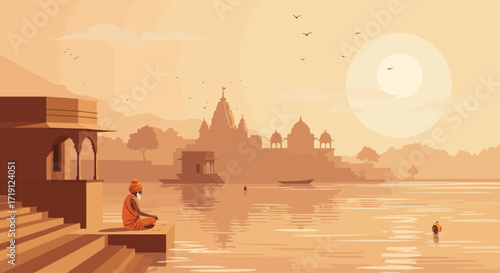 A tranquil flat design illustration showcasing the spiritual side of Pushkar with a sadhu by the sacred lake and a temple silhouette, reflecting the serene atmosphere beyond the fair's hustle.