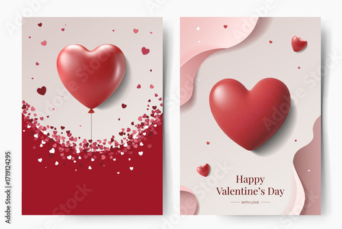 Set of Happy Valentine's Day greeting cards with glossy hearts. Frames with 3d hearts. Romantic backgrounds, love greeting.