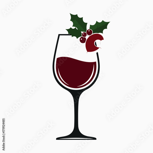 Festive Red Wine Glass Decorated with Holly and Santa Hat for Holiday Celebrations