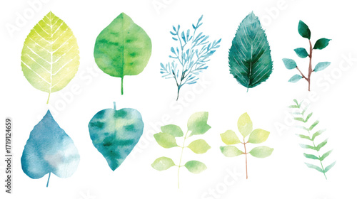 A collection of watercolor leaves in various shapes and shades of green and purple isolated on white background