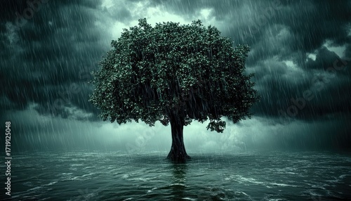 Stormy tree in flooded landscape