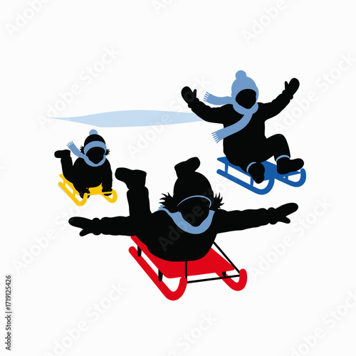 Children enjoying a thrilling winter sledding adventure down a snowy hill
