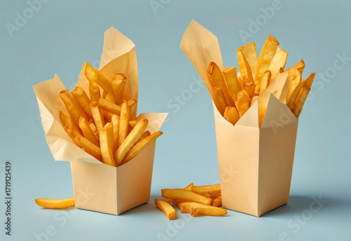 Two containers of golden French fries on a light blue background. One container is partially filled, while the other is overflowing with fries.