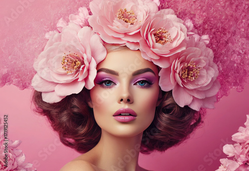A young Caucasian woman with voluminous brown hair adorned with pink flowers. She has bright makeup with pink tones, set against a soft pink background.