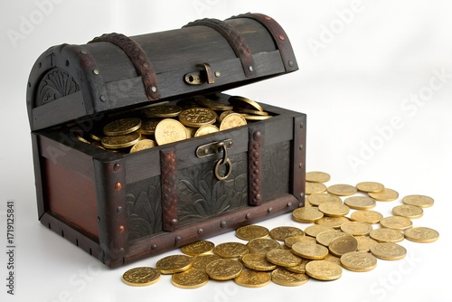 Open wooden treasure chest with ornate metal trim spilling gold coins on reflective white surface
