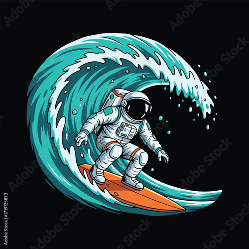 Astronaut Surfing a Wave Illustration
