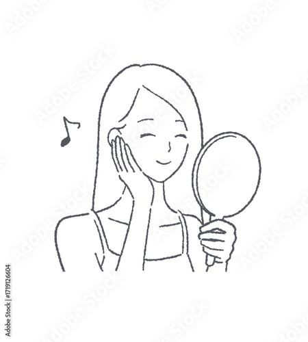 手鏡を見て微笑む女性のイラスト素材