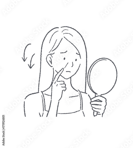 手鏡を見てほうれい線が気になる女性のイラスト素材