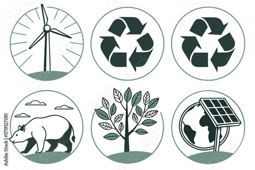Vector set of ecology icons with illustrations of globes, planets, and eco symbols