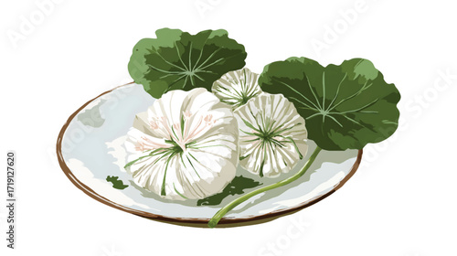 White flowers and green leaves on a plate