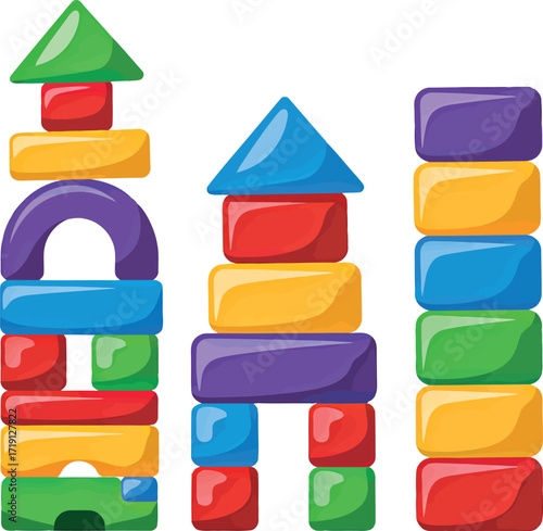 Colorful building blocks stacked high for creative play vector
