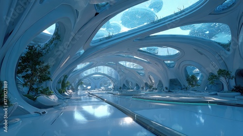 Fototapeta Naklejka Na Ścianę i Meble -  The organic, flowing interior of a futuristic space station with bioluminescent plants.