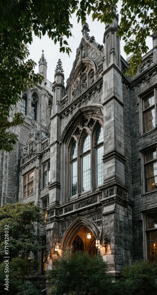 Fototapeta premium Gothic architecture facade of a historic building, shadowed by trees