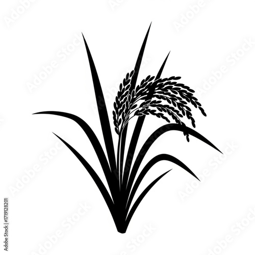Elegant black silhouette of a ripe rice stalk with grains, symbolizing harvest and abundance, perfect for agriculture concepts