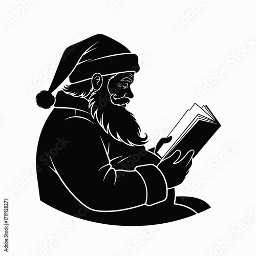 A Merry Santa Claus Reading a Book by the Fireplace on Christmas Eve