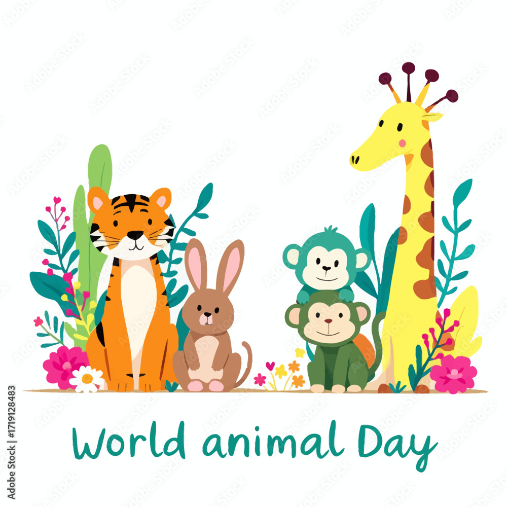 Obraz premium Celebrate World Animal Day with a charming illustration of diverse wildlife, including a tiger, rabbit, monkeys, and a giraffe, surrounded by lush foliage and flowers