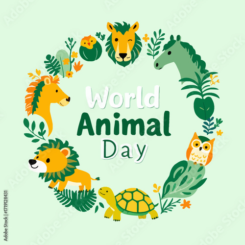 A vibrant illustration celebrating the incredible diversity of wildlife and the global recognition of animal welfare, featuring various happy creatures in a lush green environment