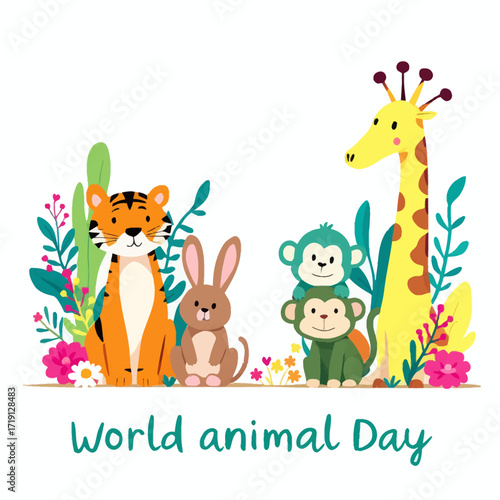 Celebrate World Animal Day with a charming illustration of diverse wildlife, including a tiger, rabbit, monkeys, and a giraffe, surrounded by lush foliage and flowers