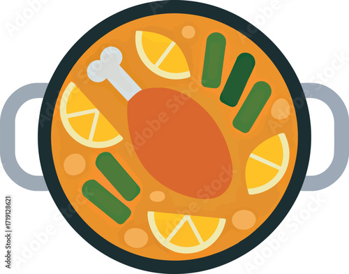 Flat illustration chicken stew pot vibrant citrus asparagus food dish top view vector