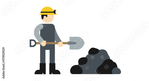 A flat vector illustration of a miner wearing a hard hat and holding a shovel next to a pile of coal.