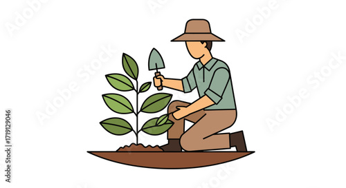 A person wearing a hat and kneeling down to plant a small tree with a trowel in the soil.