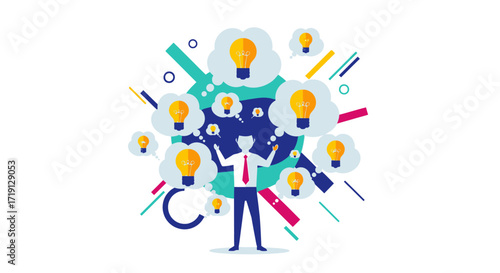 Businessman surrounded by numerous lightbulb thought bubbles, symbolizing a burst of creative ideas and innovative thinking.