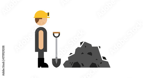 A miner with a shovel stands beside a pile of coal.