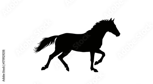 A black silhouette of a horse prancing on a white background