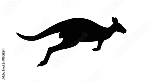 A black silhouette of a kangaroo midjump posed against a white background