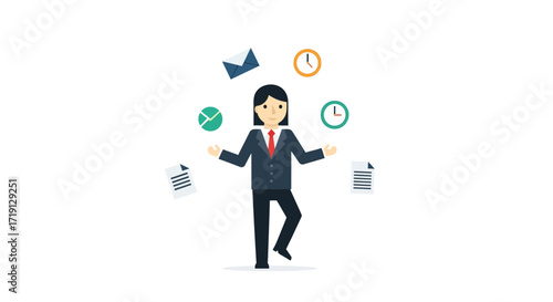 A cartoon business person in a suit skillfully juggling multiple work-related tasks and time management icons, symbolizing efficiency and multitasking.