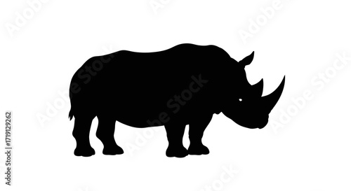 A black silhouette of a rhinoceros standing sideways against a white background The rhino has two prominent horns