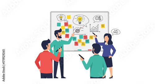 Team members brainstorming ideas on a whiteboard, discussing strategies and solutions.