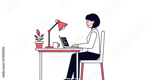 Woman working at a desk with a laptop, lamp, and potted plant.