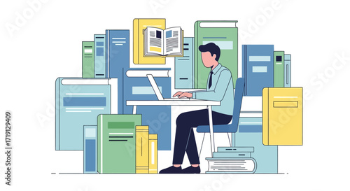 A man sits at a desk with a laptop, surrounded by a large collection of books, symbolizing knowledge and learning.