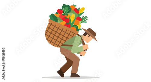 A farmer carrying a heavy basket of various fruits and vegetables on his back.