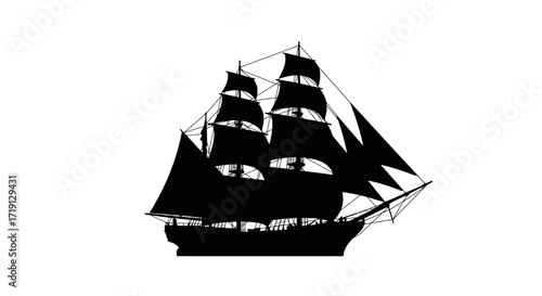 A silhouette depicts a sailing ship with multiple masts and sails contrasted against a white background