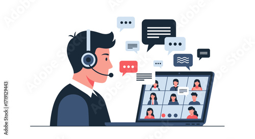 Man with headset in a virtual meeting on laptop.