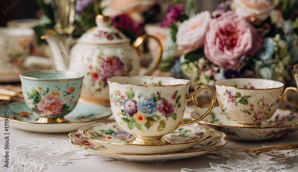 Fototapeta premium Floral tea set on lace tablecloth