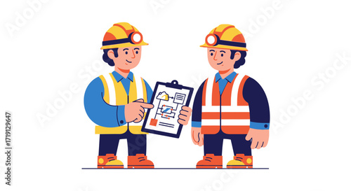 Two construction workers in safety vests and helmets reviewing a blueprint together.
