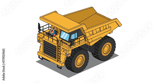 Isometric illustration of a large yellow mining dump truck with a driver.