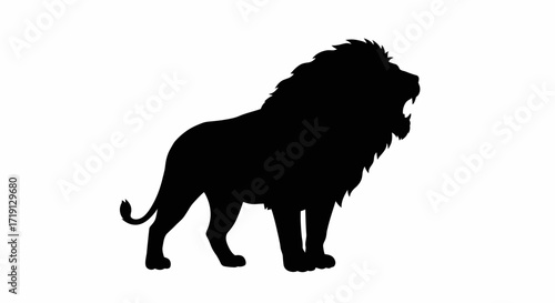 A solid black silhouette of a lion standing in profile roaring or yawning against a white background
