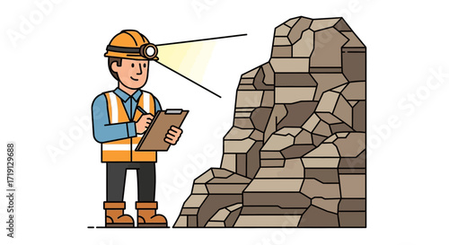 A geologist or miner in a hard hat and safety vest examines a rock formation with a clipboard and headlamp, performing an inspection.