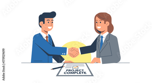 Two people shaking hands over a document, signifying project completion and agreement.