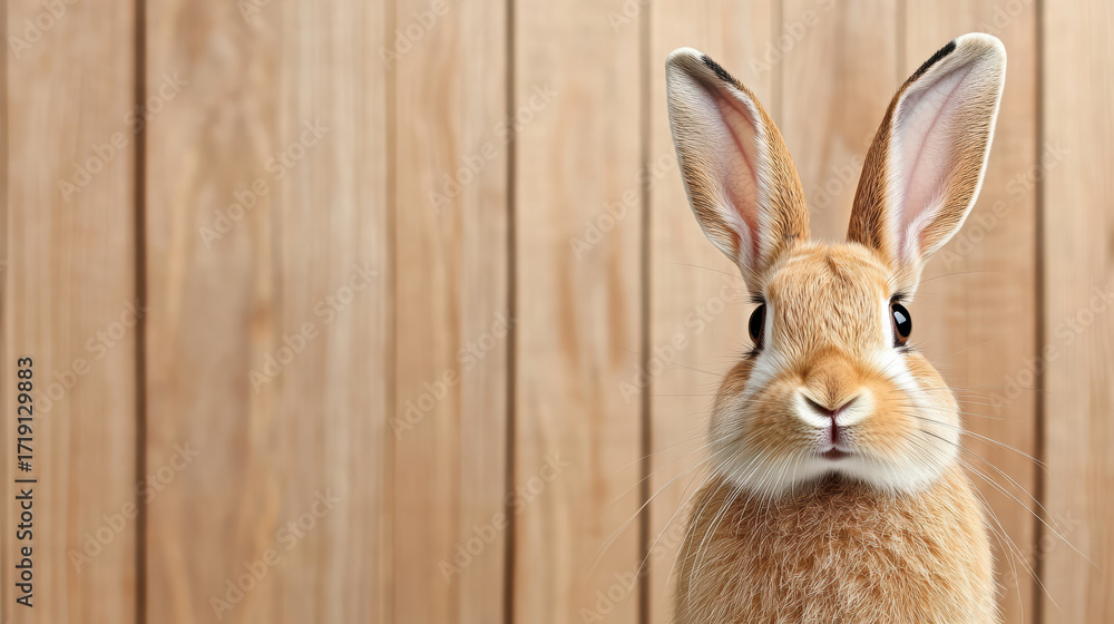 Fototapeta premium Cute rabbit with large ears and expressive eyes against wooden background