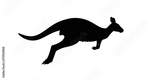 Black silhouette of a kangaroo jumping with head tilted forward