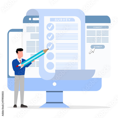 Businessman marks on the online survey form with giant pencil. Submitting online survey document. Checklist form for feedback or questionnaire pool.