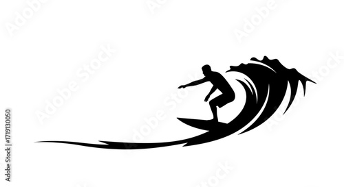 Black silhouette of a surfer riding a wave stylized